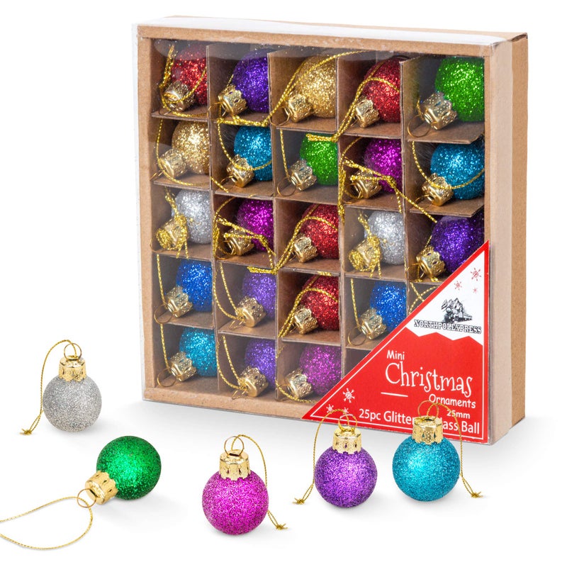 NorthPoleXpress 1 Inch Multicolor Mini Glitter Glass Ball Christmas Ornaments Set of 25 Balls | Miniature Christmas Tree Ornaments | Rustic Christmas Decorations | Mini Christmas Tree Decorations for Small Trees - Image 2